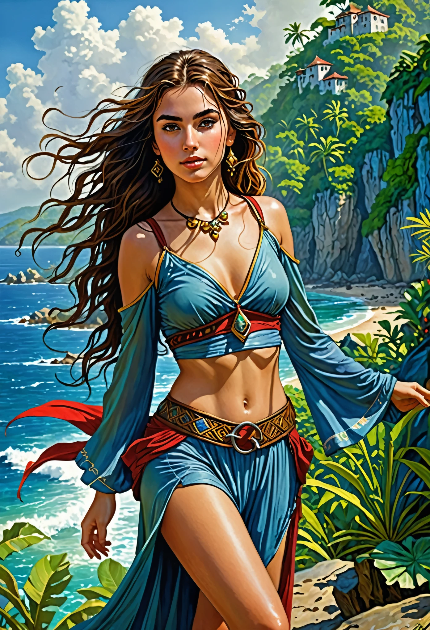 (1girl) stunning detailed candid full body portrait of a cute Turkish girl, amidst the muggy coastal jungle of a tropical paradise she explores in wonder, (she wears the robust garb of a medieval-fantasy rogue adventurer), her flowing hair is slightly damp and messy from the humidity, she is short and , her body is lithe, a testament to her love for dancing and acrobatics, her pretty face is soft and gentle, this captivating realistic travel photo highlights the girl's yearning for adventure and evokes a sense of calm and sensuality amidst the teeming wilderness, from side, (art by Rob Jefferson in style of Jim Fitzpatrick:1.2),, (perfect eyes)