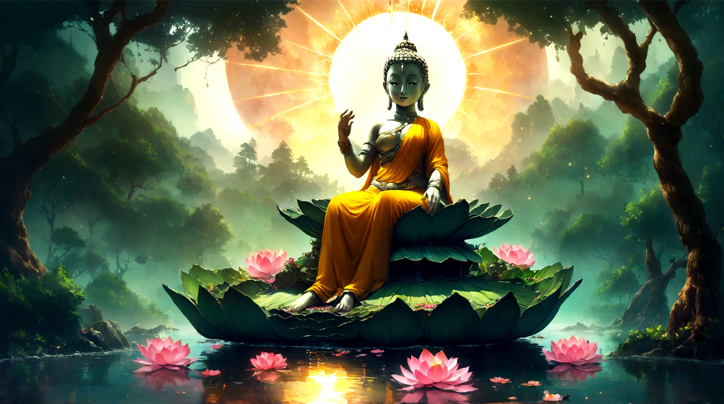 Buddha on a lotus throne among the trees, matte painting, detailed landscape , raw style, 8k very detailed, environmental design illustrations, The sun shines, glisten, detailed art scenery, concept art, Highly detailed 4k digital artwork., digital painting 4k, Amazing digital illustrations, Flower Background, concept artการวาดภาพดิจิทัล, Detailed digital painting