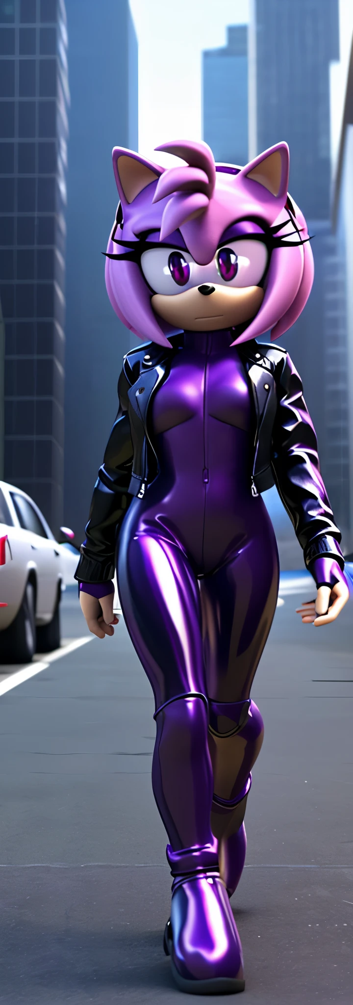 Solo, 1girl, full body image, rendered in SFM, ((sonic oc:1)), from sonic, high detail iconic character, in the new action-movie sonic, ghost in the shell city, official render, 3d render official art, toon shader, ((female)), (((purple hedgehog:1))), ((shiny)) (purple fur:1.0), (((Amy rose style quills))), (((metallic purple eyeliner))) ((deep purple eyes:1.5)), ((calm neutral expression)), ray trace 4 k, ray trace 4k, (((metallic purple latex bodysuit))), (((leather jacket))), ((fingerless gloves:0.9))