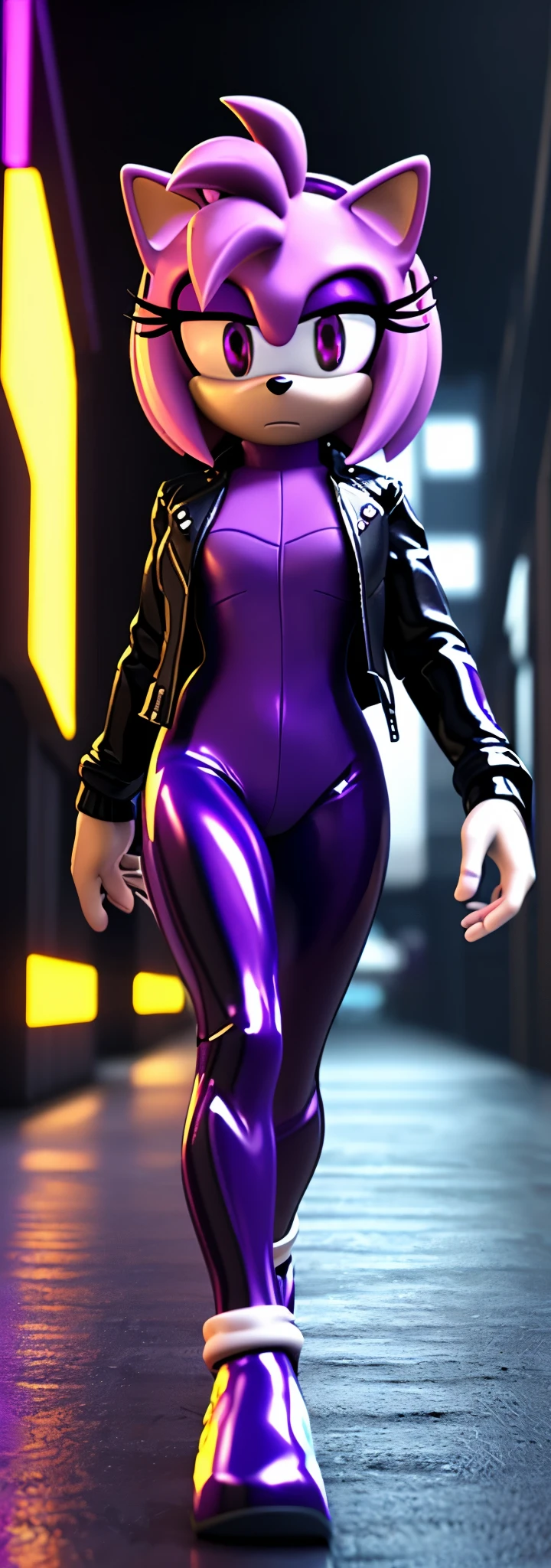 Solo, 1girl, full body image, rendered in SFM, ((sonic oc:1)), from sonic, high detail iconic character, in the new action-movie sonic, ghost in the shell city, official render, 3d render official art, toon shader, ((female)), (((purple hedgehog:1))), ((shiny)) (purple fur:1.0), (((Amy rose style quills))), (((metallic purple eyeliner))) ((deep purple eyes:1.5)), ((calm neutral expression)), ray trace 4 k, ray trace 4k, (((metallic purple latex bodysuit))), (((leather jacket))), ((fingerless gloves:0.9))