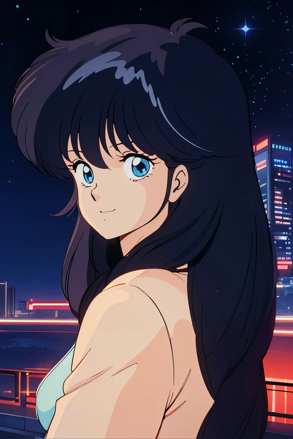 high quality, masterpiece, best quality, anime screen cap, 1girl, looking at viewer, smiling, squinting, sitting, crimson dress, red dress, shadows, port, ocean, shadows, night, coast, blue lights, yellow lights, neon cold lights, neon warm lights, distant lights, remarked shadows, bokeh, bokeh effect, tokyo, 80s, 80s aesthetics, 1980s, 1980s tokyo night, ((Perfect Anatomy, beautifull detailed face, Beautiful detailed eyes, beautiful detailed hair, Beautiful detailed body)), thick outline, Beautiful outlines, black outlines
