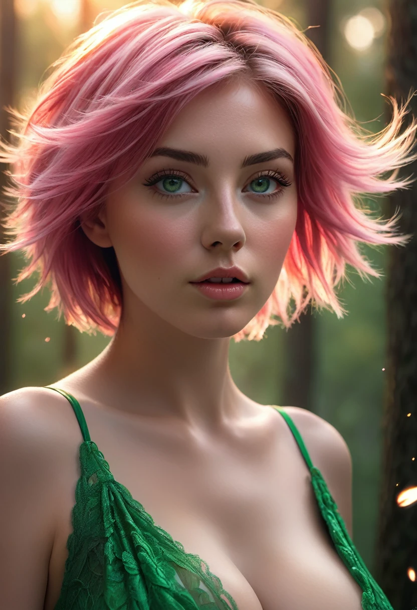 1 young girl hair,pink hair, short hair, hair blowing in the wind,green eyes, rim light,sunset blowing in the wind, hyperrealism smoke effects,  stunning digital, digital picture, digital art,mono tone, forest, bokeh effect,incredibly absurdres, ultra detailed, high resolution, realistic lighting, photorealism, hyperrealism,masterpiece,vibrant colors,stunning visuals,ultra skin texsture,stable diffusion,perfect anatomy,crazy details,hyperrealism sexy body,wearing sexy dress,hyperrealism beautiful breast, hyperrealism huge Breast,hyperrealism body,hyperrealism nipple