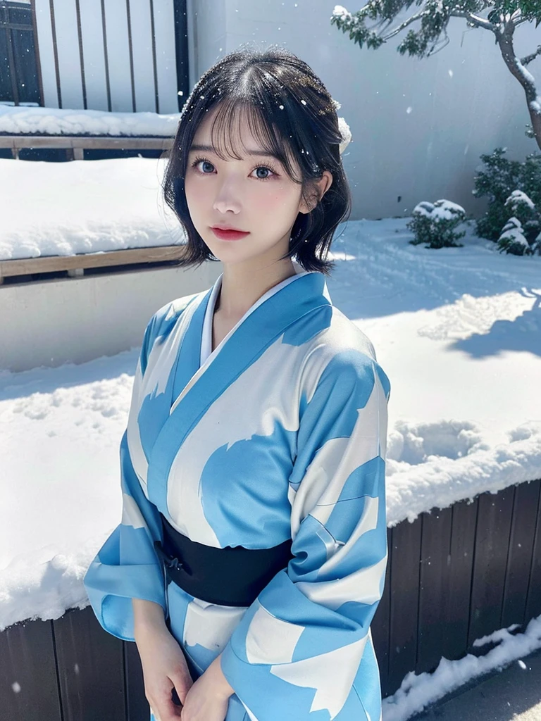 (sky blue translucent Kimono)、(top-quality,​masterpiece:1.3,超A high resolution,),(ultra-detailliert,Caustics),(Photorealsitic:1.4,RAW shooting,)Ultra-realistic capture,A highly detailed,high-definition16Kfor human skin、 Skin texture is natural、very large round breasts、The skin looks healthy with an even tone、 Use natural light and color,One Woman, Japanese,kawaii,A dark-haired,Short bob hair, head to knee, (depth of fields、chromatic abberation、、Wide range of lighting、Natural Shading、)、(Exterior light at night:1.4)、(Falling snow:1.2)、(Hair swaying in the wind:1.1)、(Light reflecting snow:1.2)、