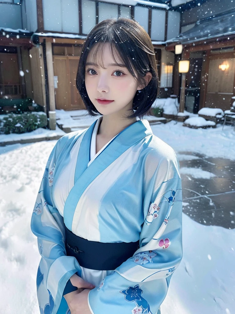 (sky blue translucent Kimono)、(top-quality,masterpiece:1.3,超A high resolution,),(ultra-detailliert,Caustics),(Photorealsitic:1.4,RAW shooting,)Ultra-realistic capture,A highly detailed,high-definition16Kfor human skin、 Skin texture is natural、very large round breasts、The skin looks healthy with an even tone、 Use natural light and color,One Woman, Japanese,kawaii,A dark-haired,Short bob hair, head to knee, (depth of fields、chromatic abberation、、Wide range of lighting、Natural Shading、)、(Exterior light at night:1.4)、(Falling snow:1.2)、(Hair swaying in the wind:1.1)、(Light reflecting snow:1.2)、