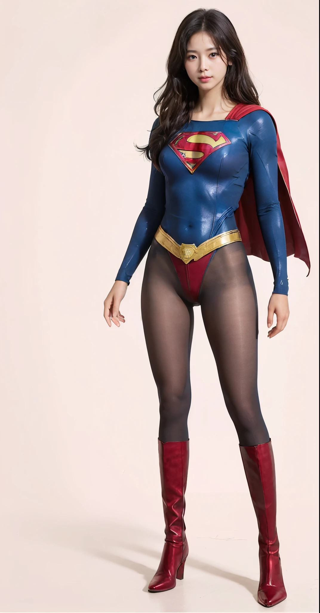 No background、(((Beautiful legs in black tights.)))、(((Legally express the beauty of your smile)))、((((Make the most of your original images)))、(((Supergirl Costume)))、(((Beautiful hairstyle)))、(((suffering)))、(((Please wear black tights....、Wear red boots)))、((Best image quality、8k))、((highest quality、8k、masterpiece:1.3))、(((Preserve background )))、Sharp focus:1.2、Beautiful woman with perfect figure:1.4、Slim Abs:1.2、Wet body:1.5、Highly detailed face and skin texture、8k