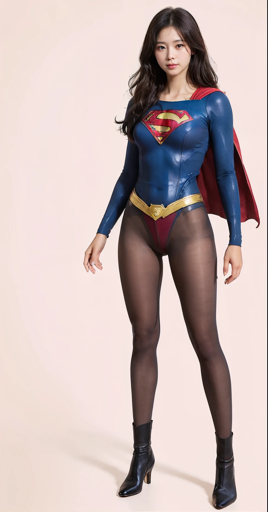 No background、(((Beautiful legs in black tights.)))、(((Legally express the beauty of your smile)))、((((Make the most of your original images)))、(((Supergirl Costume)))、(((Beautiful hairstyle)))、(((suffering)))、(((Please wear black tights....、Wear red boots)))、((Best image quality、8k))、((highest quality、8k、masterpiece:1.3))、(((Preserve background )))、Sharp focus:1.2、Beautiful woman with perfect figure:1.4、Slim Abs:1.2、Wet body:1.5、Highly detailed face and skin texture、8k
