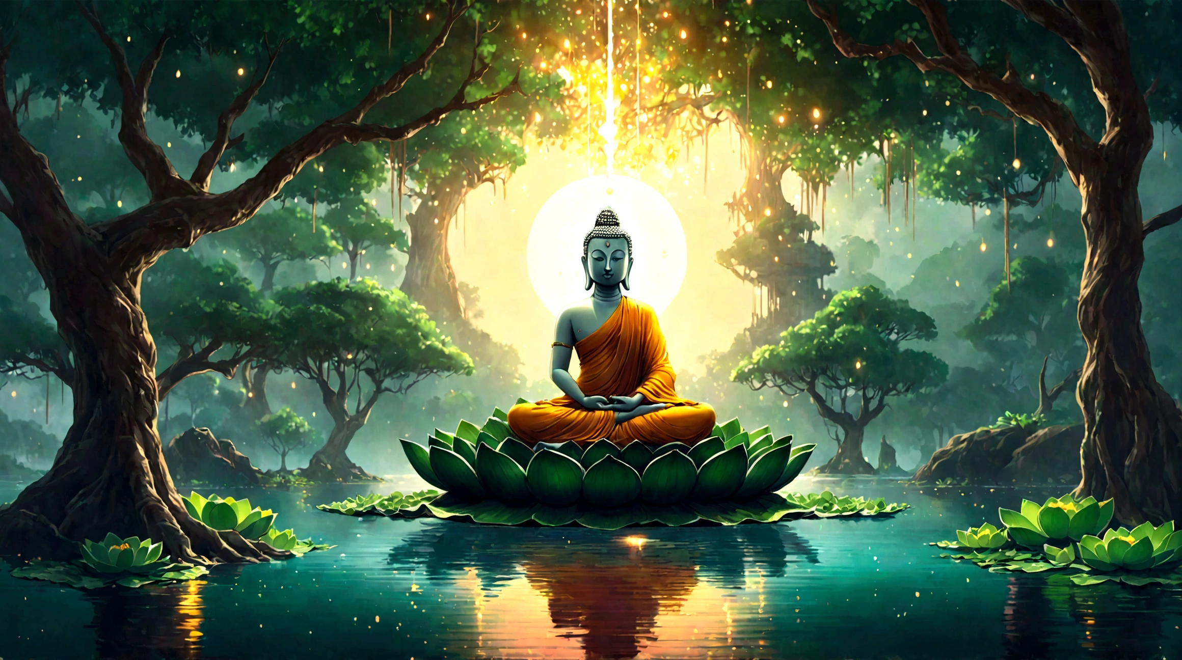 Buddha on a lotus throne among the trees, matte painting, detailed landscape , raw style, 8k very detailed, environmental design illustrations, The sun shines, glisten, detailed art scenery, concept art, Highly detailed 4k digital artwork., digital painting 4k, Amazing digital illustrations, Flower Background, concept artการวาดภาพดิจิทัล, Detailed digital painting