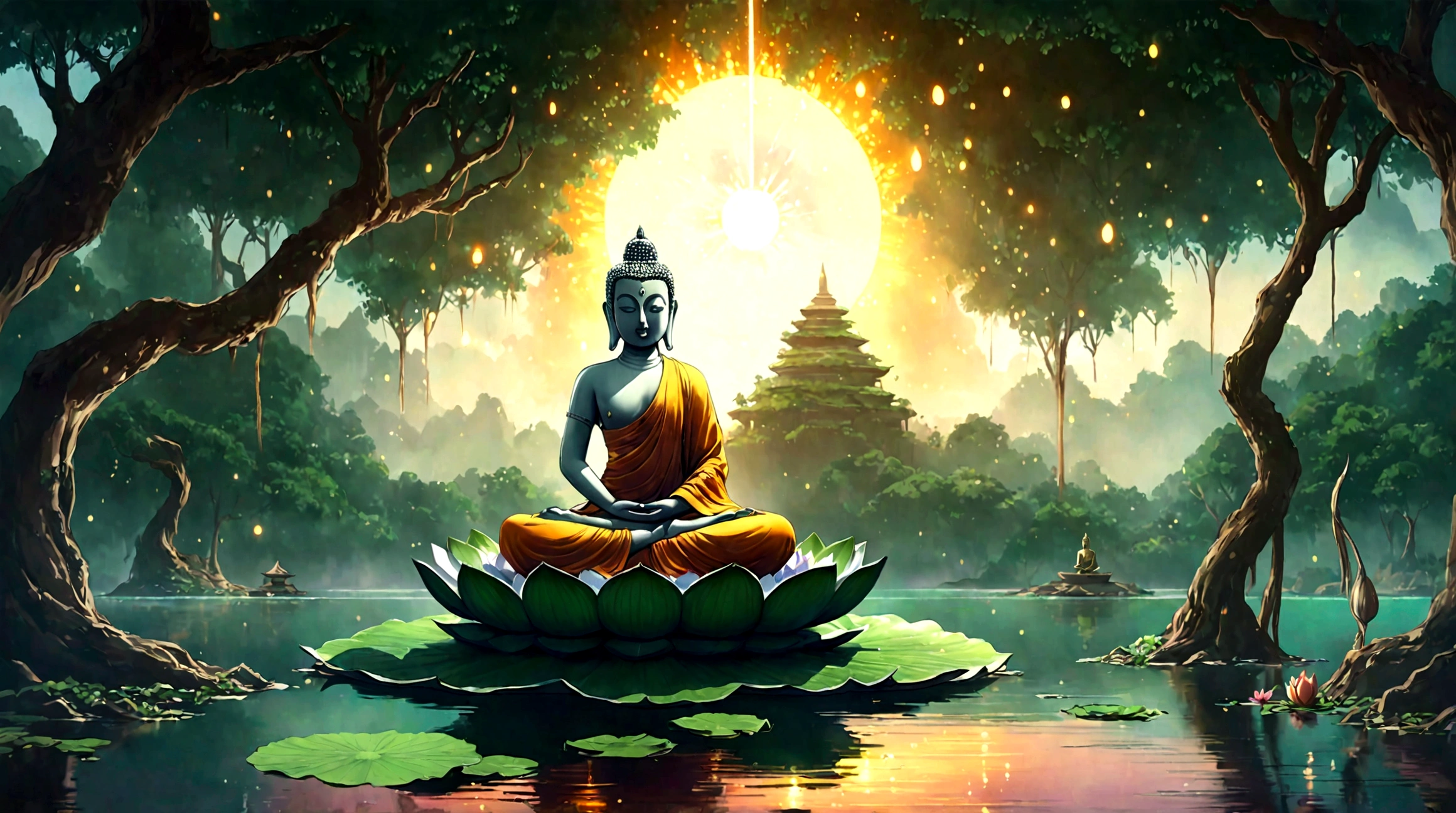 Buddha on a lotus throne among the trees, matte painting, detailed landscape , raw style, 8k very detailed, environmental design illustrations, The sun shines, glisten, detailed art scenery, concept art, Highly detailed 4k digital artwork., digital painting 4k, Amazing digital illustrations, Flower Background, concept artการวาดภาพดิจิทัล, Detailed digital painting