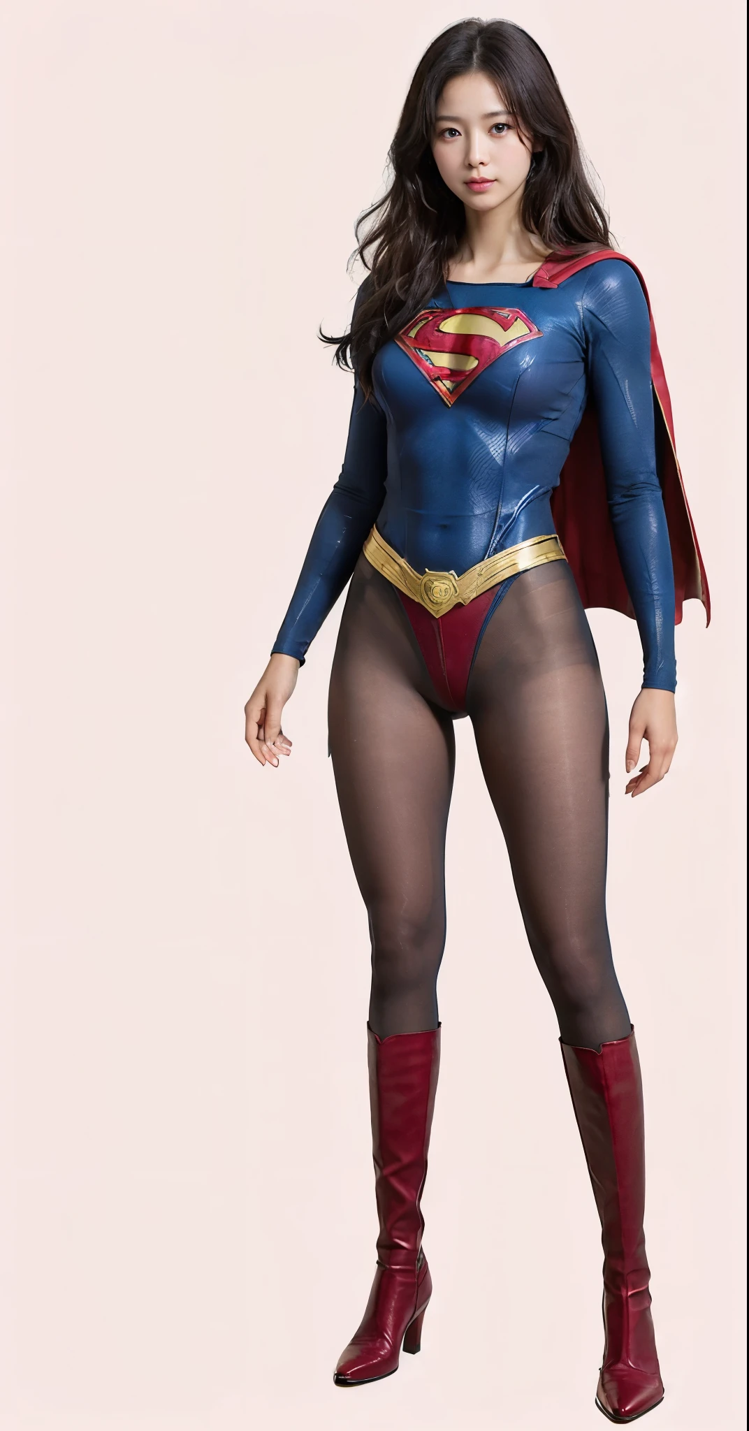 No background、(((Beautiful legs in black tights.)))、(((Legally express the beauty of your smile)))、((((Make the most of your original images)))、(((Supergirl Costume)))、(((Beautiful hairstyle)))、(((suffering)))、(((Please wear black tights....、Wear red boots)))、((Best image quality、8k))、((highest quality、8k、masterpiece:1.3))、(((Preserve background )))、Sharp focus:1.2、Beautiful woman with perfect figure:1.4、Slim Abs:1.2、Wet body:1.5、Highly detailed face and skin texture、8k