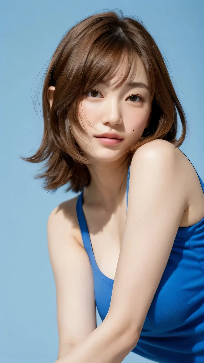 Sculpting sexy poses, (masterpiece:1.3), (8k, Realistic, RAW Photos, highest quality:1.4), (1 girl), Beautiful Face, Realistic face, (Detailed face), Beautiful Hairstyles, (Thin Hair), Realistic eyes, (Fine Eyes), Beautiful details, Realistic skin, (Fine skin), Beautiful Skin, charm, Ultra-high resolution, Surreal, Very detailed, (Flat Chest:0.5), The Beauty of Japan, (Slim figure), kind, Brown Hair, Cute young Japanese girl, Cute young Japanese girl, (Simple blue background), Flat Chest :1.2, Accentuate your cleavage, Stagnation, Wide Shot, (ankle shot), Wearing a large T-shirt without a bra, Girlish, Protruding nipples, pubic hair