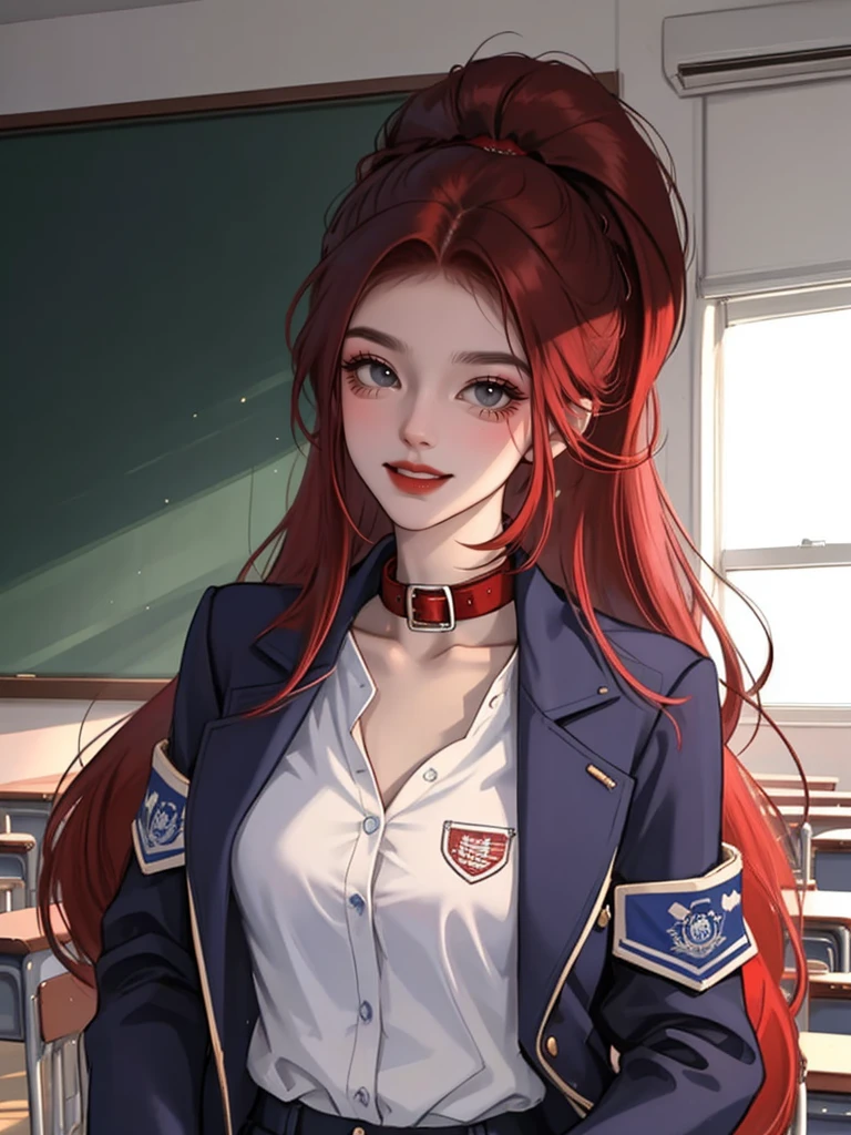 (masterpiece,best quality,1girl,deep red hair,long ponytailwearing a shirt,collar,blue jacket,pant,classroom, bad girl,smile