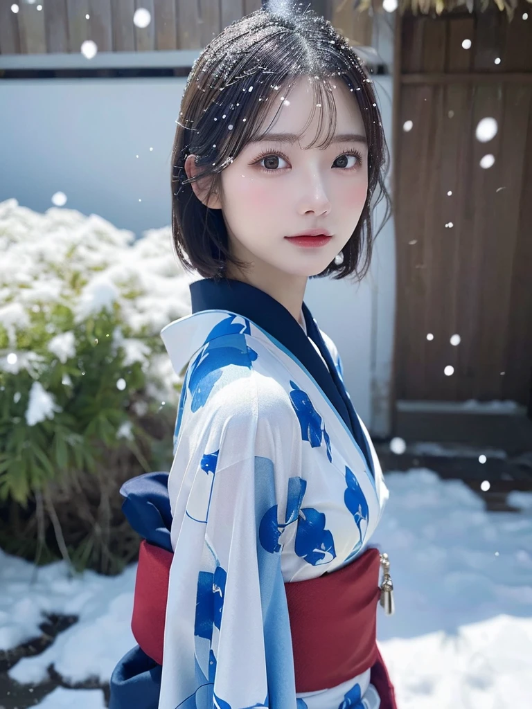(sky blue translucent Kimono)、(top-quality,​masterpiece:1.3,超A high resolution,),(ultra-detailliert,Caustics),(Photorealsitic:1.4,RAW shooting,)Ultra-realistic capture,A highly detailed,high-definition16Kfor human skin、 Skin texture is natural, enormous round breasts、The skin looks healthy with an even tone、 Use natural light and color,One Woman, Japanese,kawaii,A dark-haired,Short bob hair, head to knee, (depth of fields、chromatic abberation、、Wide range of lighting、Natural Shading、)、(Exterior light at night:1.4)、(Falling snow:1.2)、(Hair swaying in the wind:1.1)、(Light reflecting snow:1.2)、