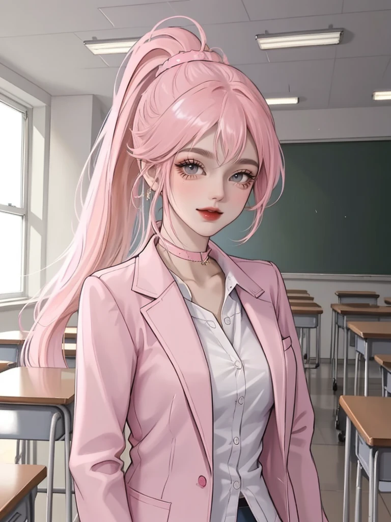 (masterpiece,best quality,1girl,bright pink hair,long ponytail,wearing a shirt,collar,blue jacket,pant,classroom,smile