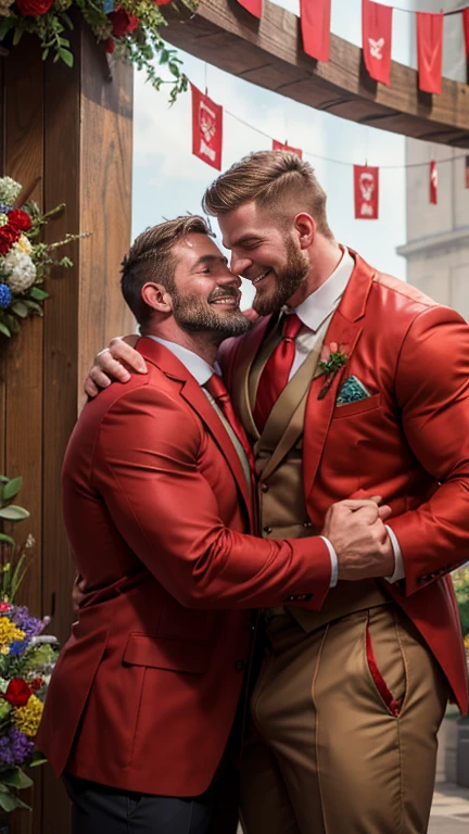 Award-winning original photos,2men, wild muscular men, (40 years old), beards, burly, hunk, jackets, smilling happily, wedding ceremony, (red neckties), (red jackets), hugging, detailed, lovely, faces closeup, flowers, from the side