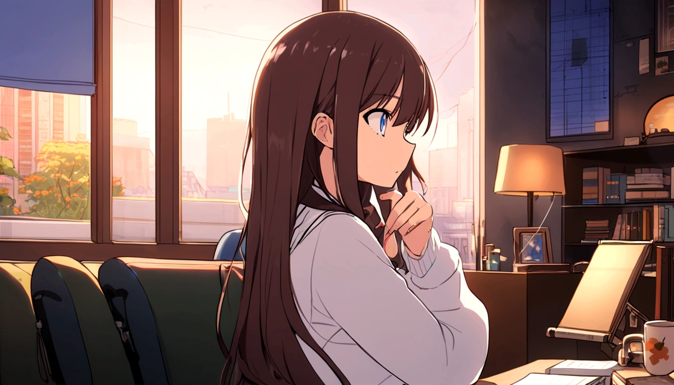 Feminized Maple Manyo, reading book on sofa in room, girl with long hair, serious profile, large eyes, city pop style fashion.
