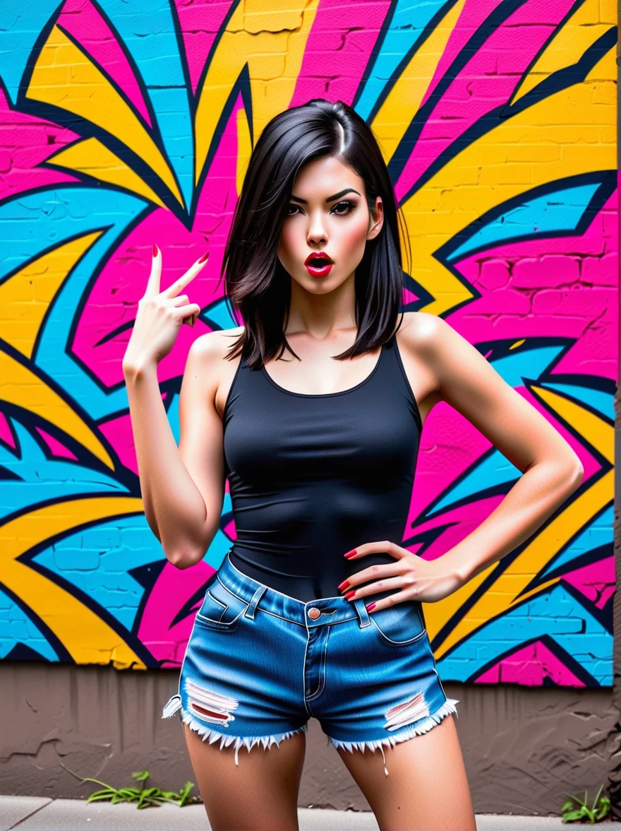 A rebellious woman with long black hair expressing defiance by displaying both middle fingers and sticking out her tongue. She's showing a playful yet defiant attitude. Her attire and surroundings can be up to your interpretation, Unique temperament,Anatomically correct,Textured Skin,Standing in front of a graffiti style background,Add whimsy to the scene,To enhance the sharpness and modernity of the scene,Sharp lines,Bold brushstroke numbers