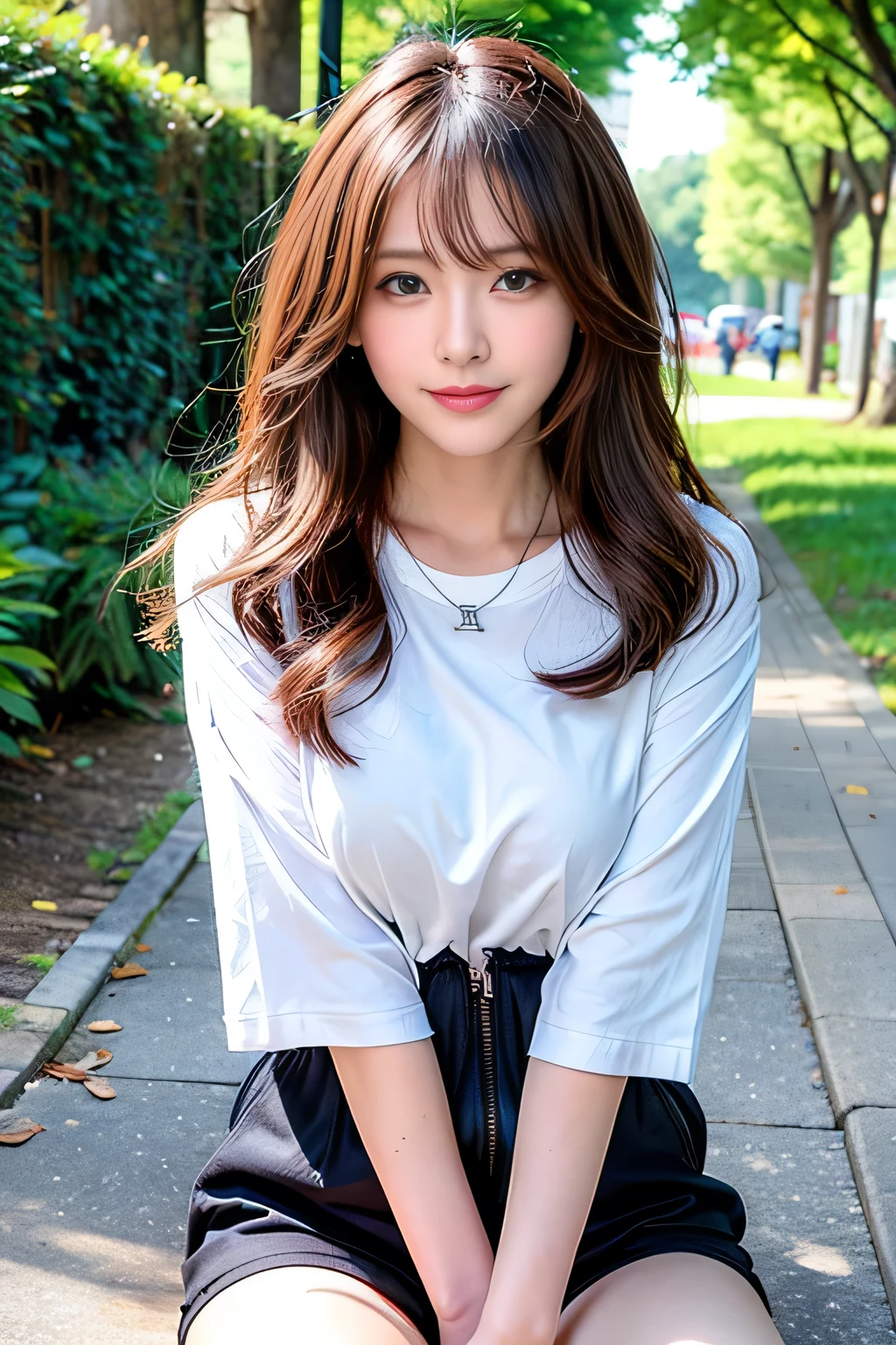 ((Full Body Angle))、((Front hair:1.3))、((highest quality, 8K, masterpiece: 1.3)), concentrated: 1.2, Cute girl 1,Nipples erect、 Perfect beauty: 1.4,Cut and sewn T-shirt Raglan sleeve summer short sleeve T-shirt.Shorts: 1.2,Long sleeve、Randall Color、comics&Text Graphics、Black ruffle-trimmed drawstring zip blouse,1.1, Highly detailed face and skin textures, Fine grain, double eyelid, whitening skin, ,highest quality,Ultra-high resolution,you,1 girl,alone,_Shiny_skin,Iris,necklace,((Brown_length_Wavy_hair)),(lips)),eyelash,Front hair,deal with,compensate,Shiny,pore,skin texture,Large Breasts、smiling face、stroll、