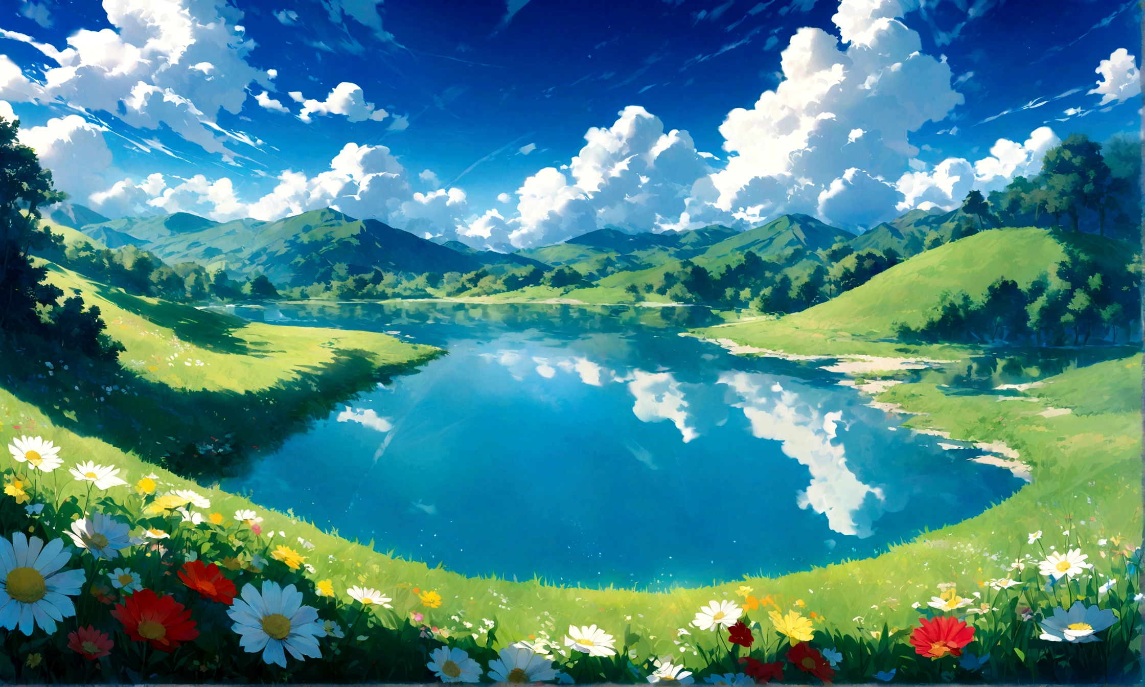 The cat is sleeping, Endless green grassland,A lake where the blue sky is beautifully reflected,Bright and colorful flowers々,The clouds in the sky are low, Very white and soft