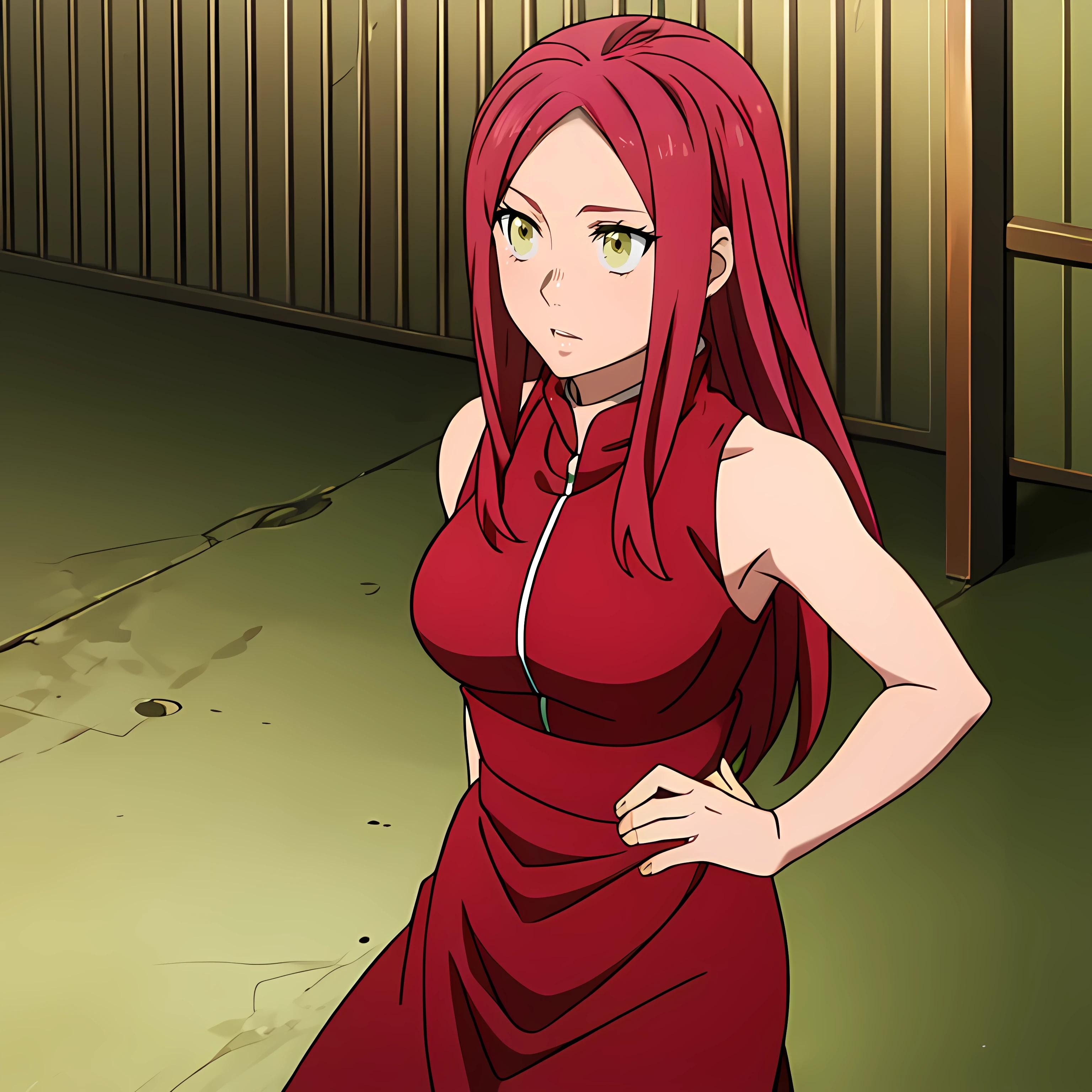 source_anime, long hair, yellow eyes, red hair, Haruno sakura outfit

solo icon 