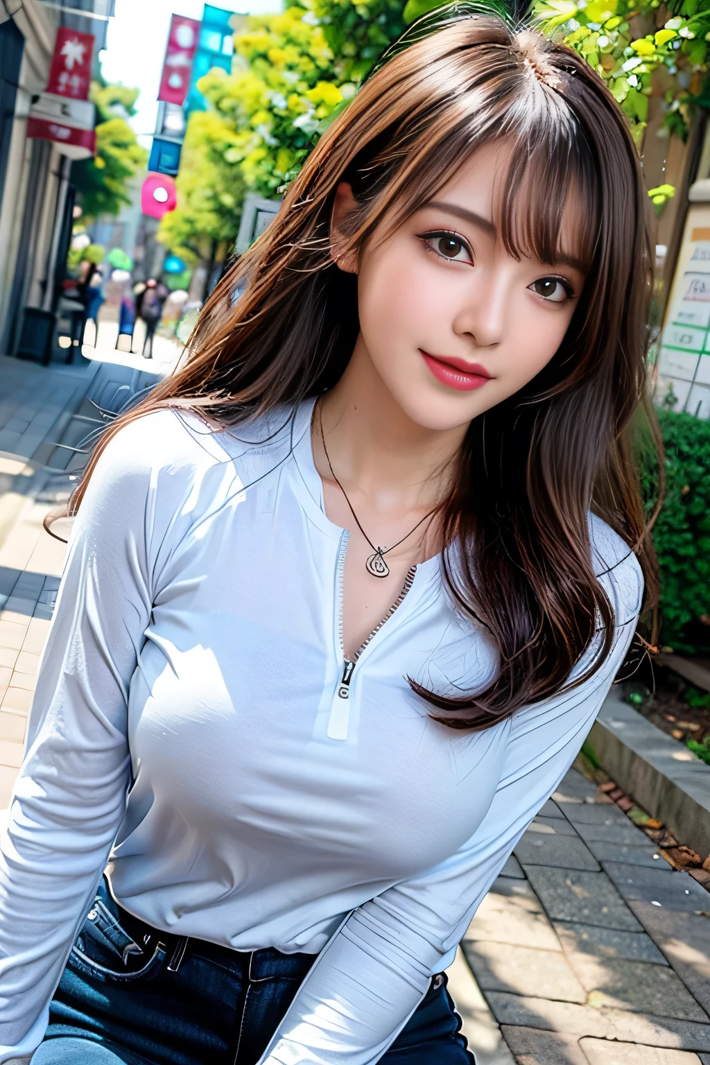 ((Full Body Angle))、((Front hair:1.3))、((highest quality, 8K, masterpiece: 1.3)), concentrated: 1.2, Cute girl 1,Nipples erect、 Perfect beauty: 1.4,Cut and sewn T-shirt Raglan sleeve summer short sleeve T-shirt.Shorts: 1.2,Long sleeve、Randall Color、comics＆Text Graphics、Black ruffle-trimmed drawstring zip blouse,1.1, Highly detailed face and skin textures, Fine grain, double eyelid, whitening skin, ,highest quality,Ultra-high resolution,you,1 girl,alone,_Shiny_skin,Iris,necklace,((Brown_length_Wavy_hair)),(lips)),eyelash,Front hair,deal with,compensate,Shiny,pore,skin texture,Large Breasts、smiling face、stroll、