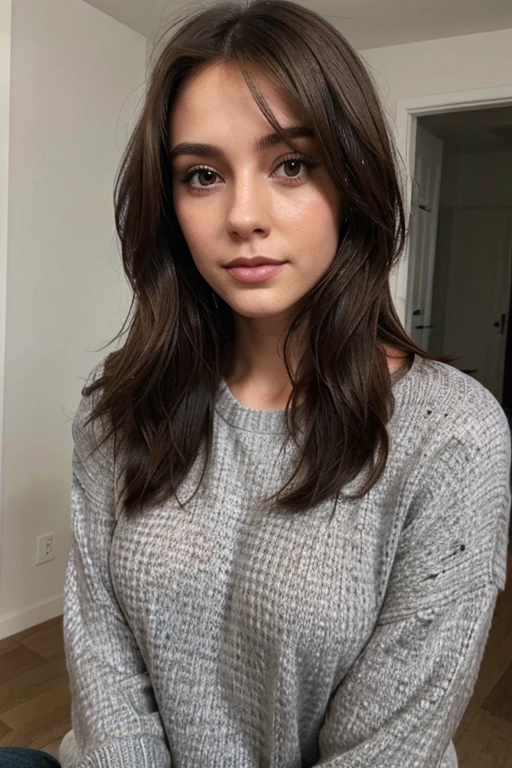 beautiful asiate, beautiful, ultrarealistic, medium hair, brune hair, high quality, grey sweater