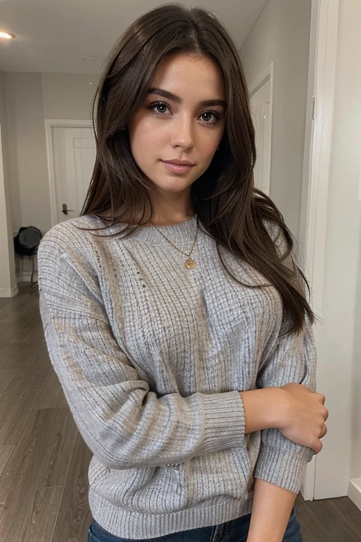 beautiful asiate, beautiful, ultrarealistic, medium hair, brune hair, high quality, grey sweater