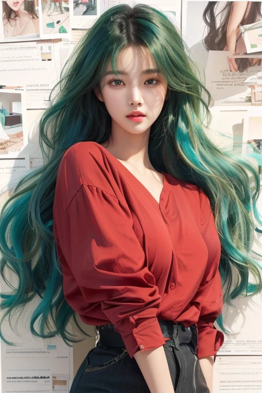 Close up of person with long hair and red shirt, green wavy hair, green flowing hair, long turquoise hair를 가진, long curly hair, Best Face, Very long wavy light blue hair, long turquoise hair, Long, shiny, ethereal hair, vibrant black wavy hair, long green hair, Asian girl with long hair, long shiny gorgeous hair,best quality, masterpiece, illustration, realistic, photo-realistic, amazing, in detail, incredibly absurd, huge file size, very detailed, mackerel, very detailed CG Unity 8k 벽지, NSFW, Korean girl with angelic appearance