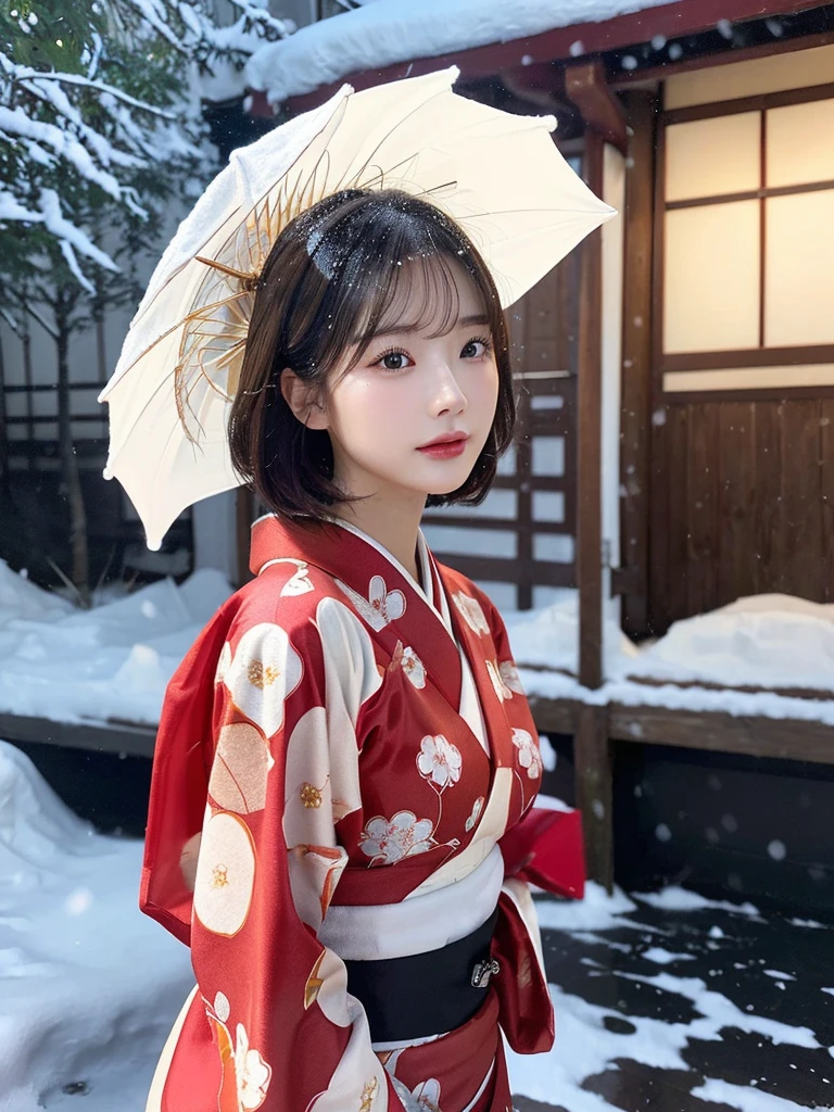 (red translucent Kimono)、(top-quality,​masterpiece:1.3,超A high resolution,),(ultra-detailliert,Caustics),(Photorealsitic:1.4,RAW shooting,)Ultra-realistic capture,A highly detailed,high-definition16Kfor human skin、 Skin texture is natural, enormous round breasts、The skin looks healthy with an even tone、 Use natural light and color,One Woman, Japanese,kawaii,A dark-haired,Short bob hair, head to knee, (depth of fields、chromatic abberation、、Wide range of lighting、Natural Shading、)、(Exterior light at night:1.4)、(Falling snow:1.2)、(Hair swaying in the wind:1.1)、(Light reflecting snow:1.2)、