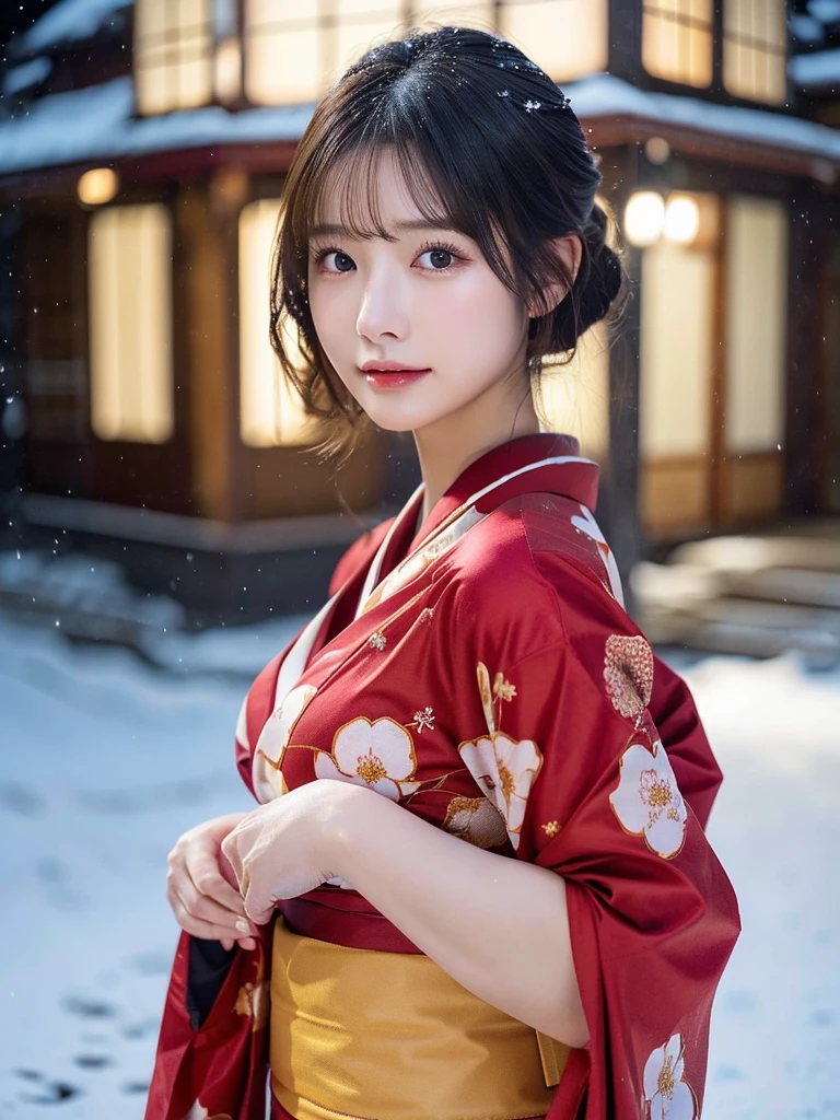 (red translucent Kimono)、(top-quality,masterpiece:1.3,超A high resolution,),(ultra-detailliert,Caustics),(Photorealsitic:1.4,RAW shooting,)Ultra-realistic capture,A highly detailed,high-definition16Kfor human skin、 Skin texture is natural, enormous round breasts、The skin looks healthy with an even tone、 Use natural light and color,One Woman, Japanese,kawaii,A dark-haired,Short bob hair, head to knee, (depth of fields、chromatic abberation、、Wide range of lighting、Natural Shading、)、(Exterior light at night:1.4)、(Falling snow:1.2)、(Hair swaying in the wind:1.1)、(Light reflecting snow:1.2)、