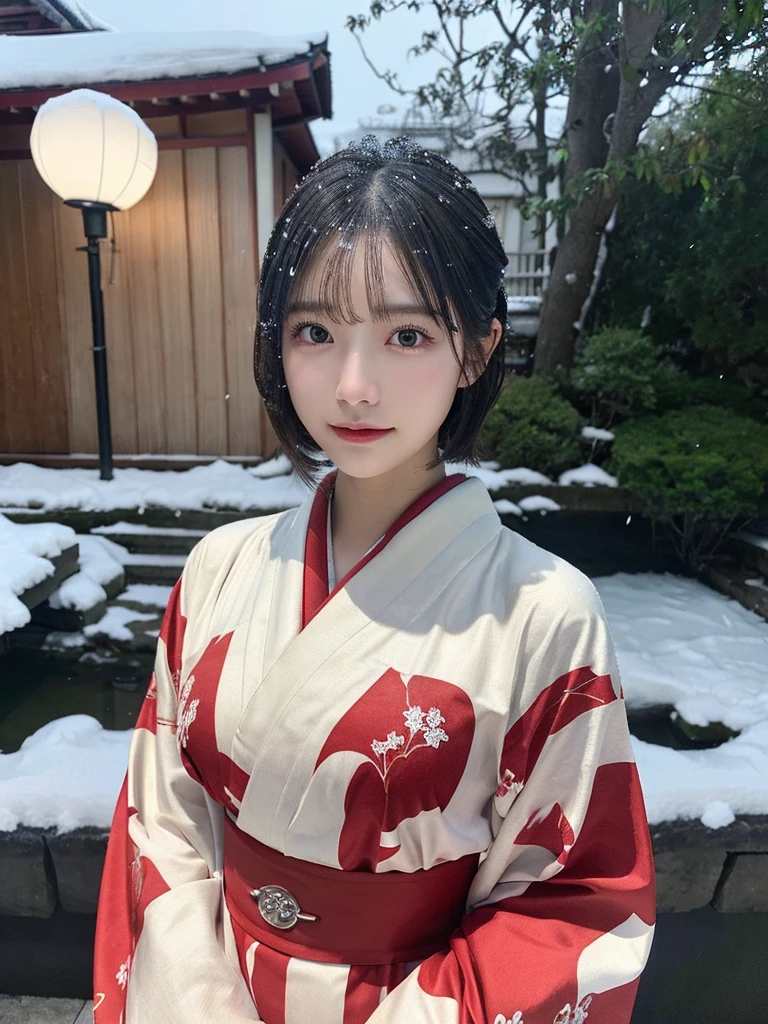 (red translucent Kimono)、(top-quality,masterpiece:1.3,超A high resolution,),(ultra-detailliert,Caustics),(Photorealsitic:1.4,RAW shooting,)Ultra-realistic capture,A highly detailed,high-definition16Kfor human skin、 Skin texture is natural, enormous round breasts、The skin looks healthy with an even tone、 Use natural light and color,One Woman, Japanese,kawaii,A dark-haired,Short bob hair, head to knee, (depth of fields、chromatic abberation、、Wide range of lighting、Natural Shading、)、(Exterior light at night:1.4)、(Falling snow:1.2)、(Hair swaying in the wind:1.1)、(Light reflecting snow:1.2)、
