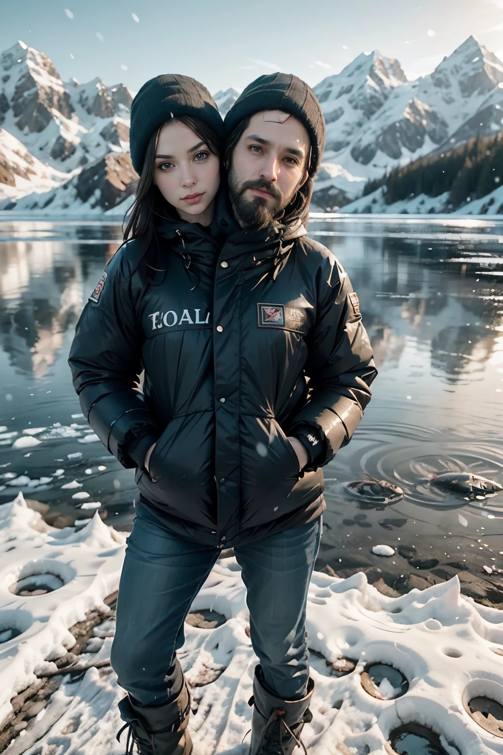 man, ((:1.5)), 40 years old,  masculine features, middle aged, standing,boot,hood,((beard)),snow,posing in front of a frozen lake in alaska as an orca jumps from the water,cold,frozen, winter clothing , pensive, 8k, photography, realistic, Swedish, conjoined dicephalus, two heads, glaciers in background, with stuff,