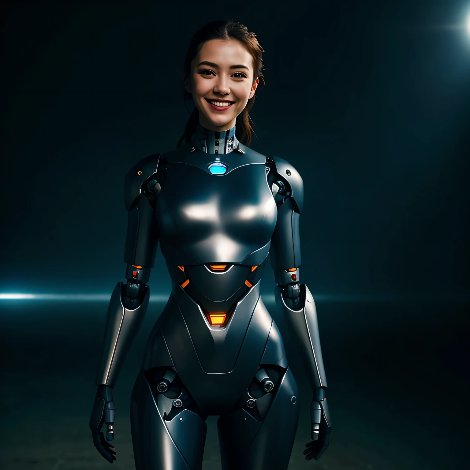 Body, body, Woman, ultra real, robot, cyborg, plain background, Stands facing the viewer, ultra high quality, Metal, dressed, (looks at the viewer), (facing the viewer), (smiling)