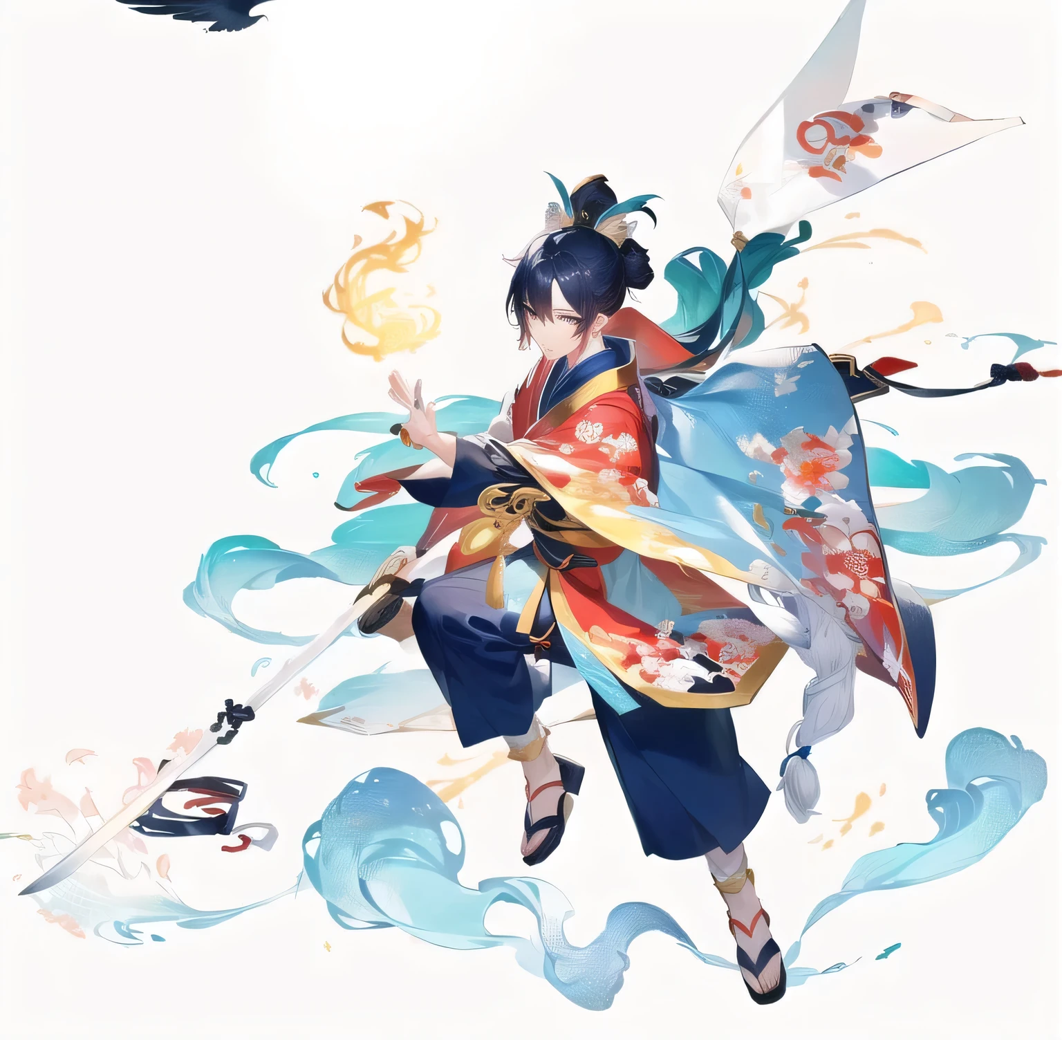 There was a man with a crane，Holding a huge white brush，The fingertips are flaming and the sword is flying, Onmyoji detailed art,  Taoist priest, inspired by Guan Daosheng, Taoist master, A beautiful artistic illustration, akira from Chinese Mythology, Sachten&#39;s Style, Inspired by Lee Jung-jin, Inspired by Emperor Xuande, Chinese Mythology