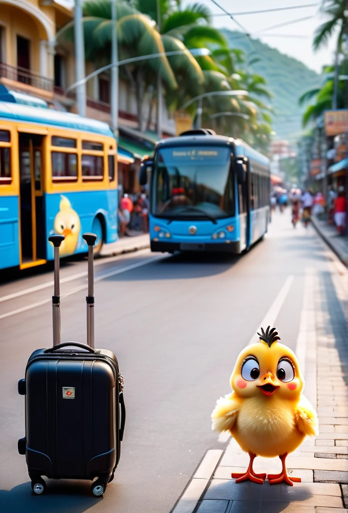 Disney Pixar, (overhead shot:1.2) A chick, happy face, black travel suitcase, looking at watch, behind is a bus, blurred background, morning, Vietnamese street, The Tram Huong Tower in Nha Trang City