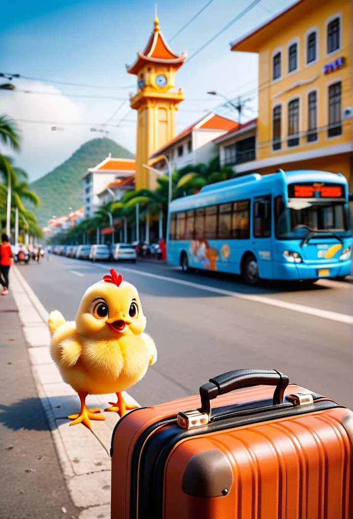 Disney Pixar, (overhead shot:1.2) A chick, happy face, black travel suitcase, looking at watch, behind is a bus, blurred background, morning, Vietnamese street, The Tram Huong Tower in Nha Trang City