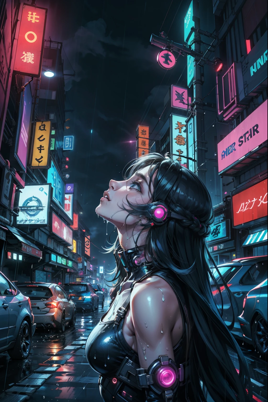 (masterpiece, best quality:1.2), solo, 1girl, Cyberpunk asthetic, Neon city lights, Night, Smoky city, Teenage girl, Looking up at the sky thoughtfully, raining, wet,  ,