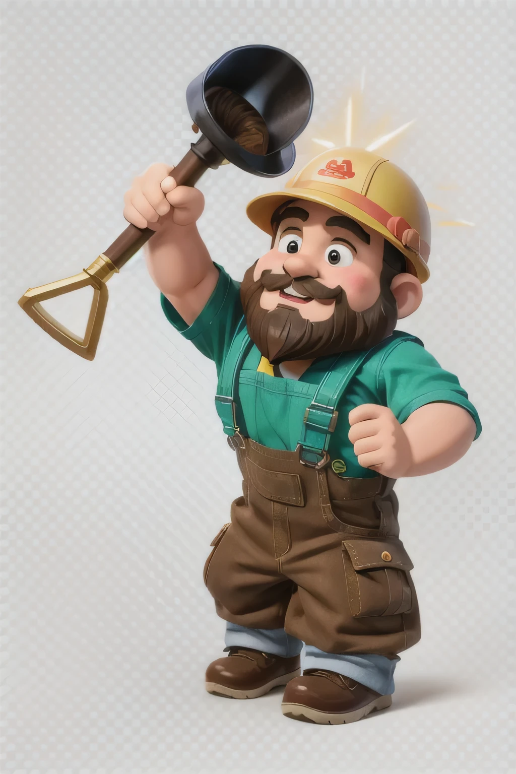 miner、game、Miner、Role、Boys、Uncle、Brown hair、Wearing overalls、Cartoon、Wearing a miner hat、There is a light on the hat、Has brown beard、Five or five figures、Blank Background、front