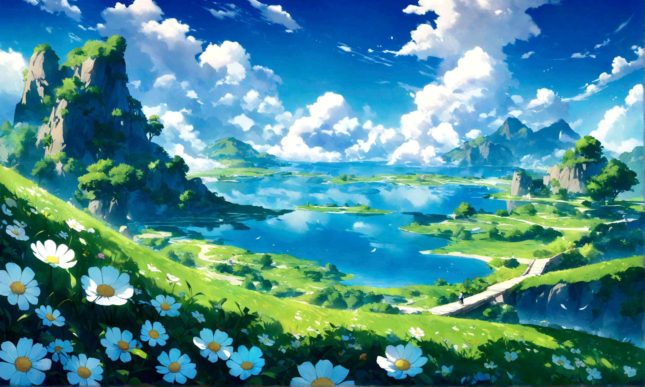 The cat is sleeping, Endless green grassland，A lake where the blue sky is beautifully reflected，Bright and colorful flowers々，The clouds in the sky are low, Very white and soft, Xin Haichengfeng