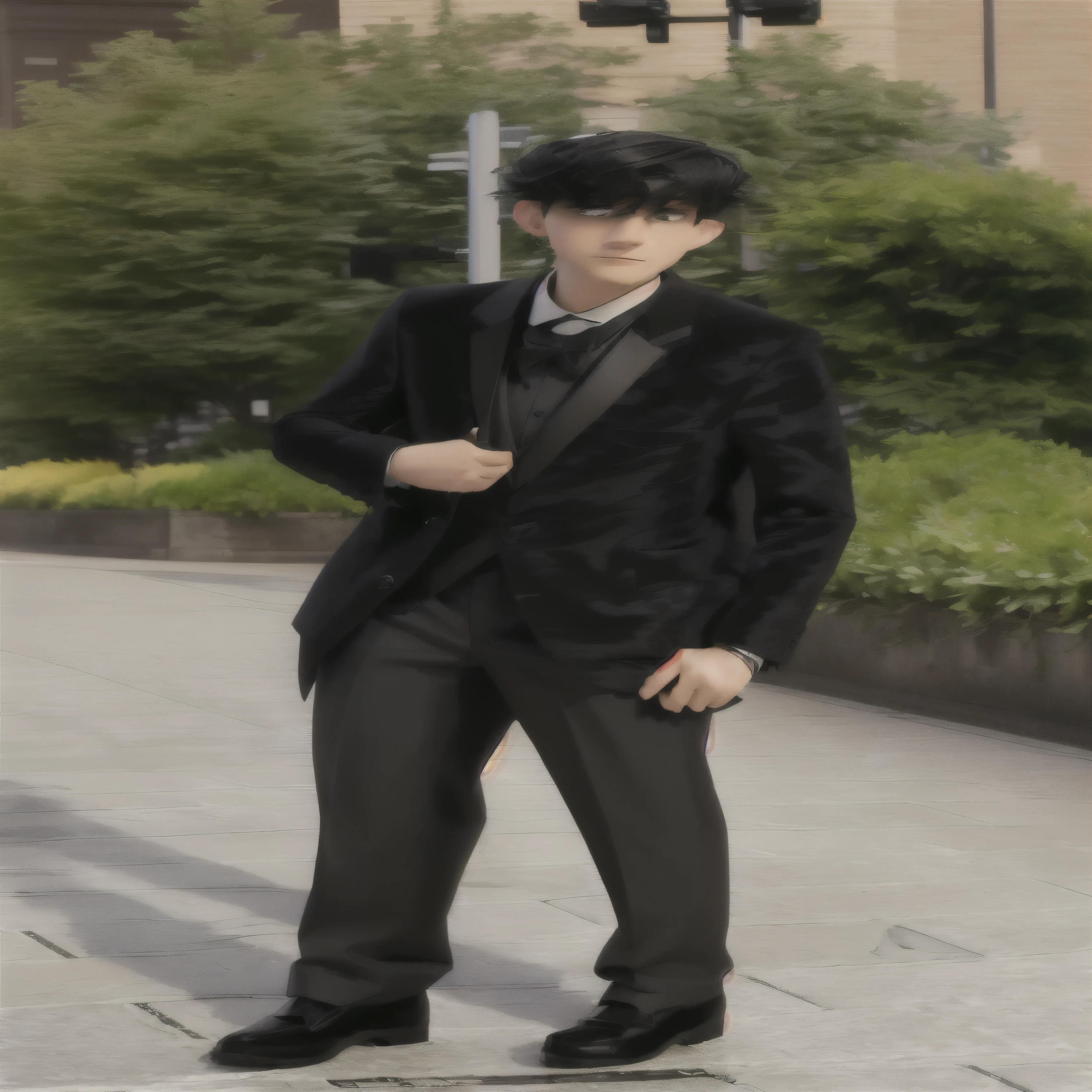 young man in a suit and tie standing on a Raining Crosswalk, wearing a fancy black jacket, black luxurious suit, ornate black tuxedo, a man wearing a black jacket, wearing a black noble suit, black suit, luxurious suit, by Caroline Mytinger