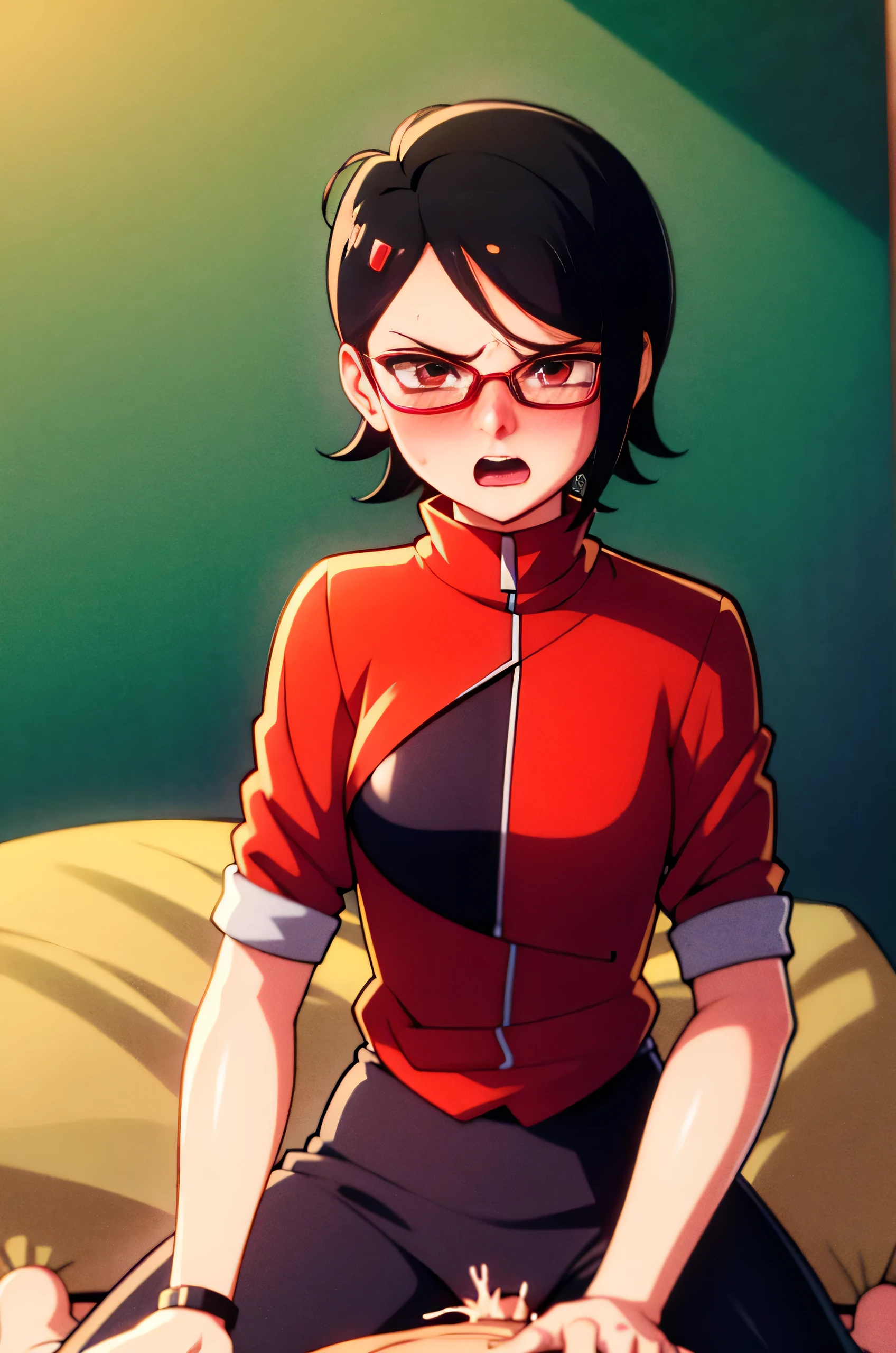Girl, ponytail, glasses, bracier sexi, arms behind the back, frown, sonrojada, molesta, color roja, gag de correas, viendo hacia el espectador, looking towards the camera, babear, babeando, saliva en la gag, sonrojada, en celo, labios pintados de color rojo, POV, mano acariciando la cabeza, mitad del cuerpo, Headpat POV