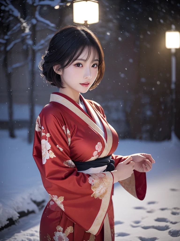 A gorgeous Japanese lady, 22-year-old, gravure model, wearing a red translucent kimono, exquisitely detailed, photorealistic, masterpiece quality, 16k ultra-high resolution. Flawless skin texture, healthy complexion, enormous round breasts. Short dark hair in a bob style. Surrounded by falling snow at night, with the light reflecting off the snow. Hair swaying gently in the wind.