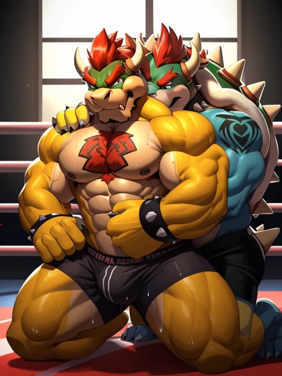 Two male fighters(Bowser, Wolf, Bowser vs Brown Wolf, handsomes, perfect eyes, Thick eyebrows), gay(kneeling, cuddling body from behind, on a MMA match), hot(Both are Shirtless, full body, bulges), handsomes(They are handsomes, correct anatomy), musculosos(Big muscle bodies, Six packs, muscle abs, big pecs, muscle backs), sweaty(very sweaty wet bodies, shiny sweat), tatuajes(they have tattoos), Angry(They have an angry expression),MMA gloves(They both are wearing red MMA gloves), MMA boxers(both are wearing Black boxers), Hight resolution