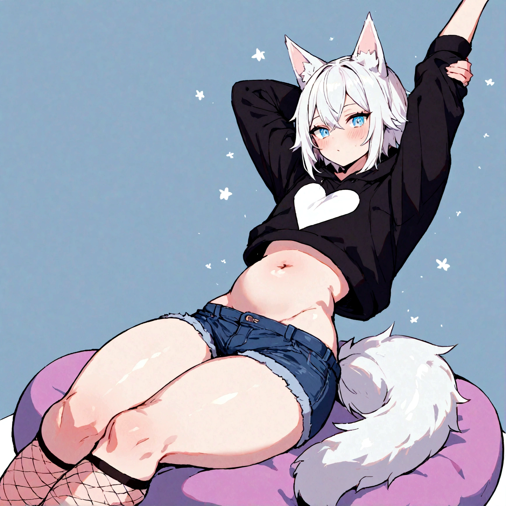 a cute adult male with wolf ears, white hair, has a wolf tail, wearing a loose cropped oversized black hoodie, wearing a pair of denim short shorts and fishnet stockings, thick thighs, wide hips, relaxing on mound of fluffy multi colored kawaii plushies, short, very slim, showing slender tummy, stretching out, heart on hoodie, squishy thighs, has glowing blue eyes. alone, solo (ALONE)(SOLO)