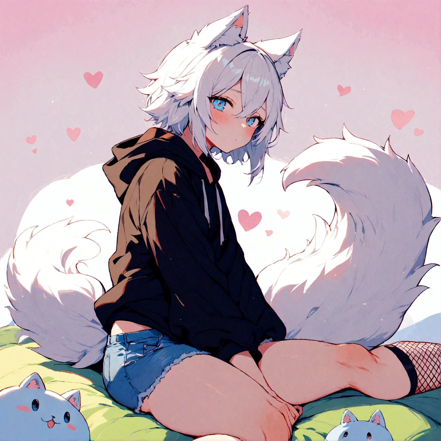 a cute adult male with wolf ears, white hair, has a wolf tail, wearing a loose cropped oversized black hoodie, wearing a pair of denim short shorts and fishnet stockings, thick thighs, wide hips, relaxing on mound of fluffy multi colored kawaii plushies, short, very slim, showing slender tummy, stretching out, heart on hoodie, squishy thighs, has glowing blue eyes. alone, solo (ALONE)(SOLO)