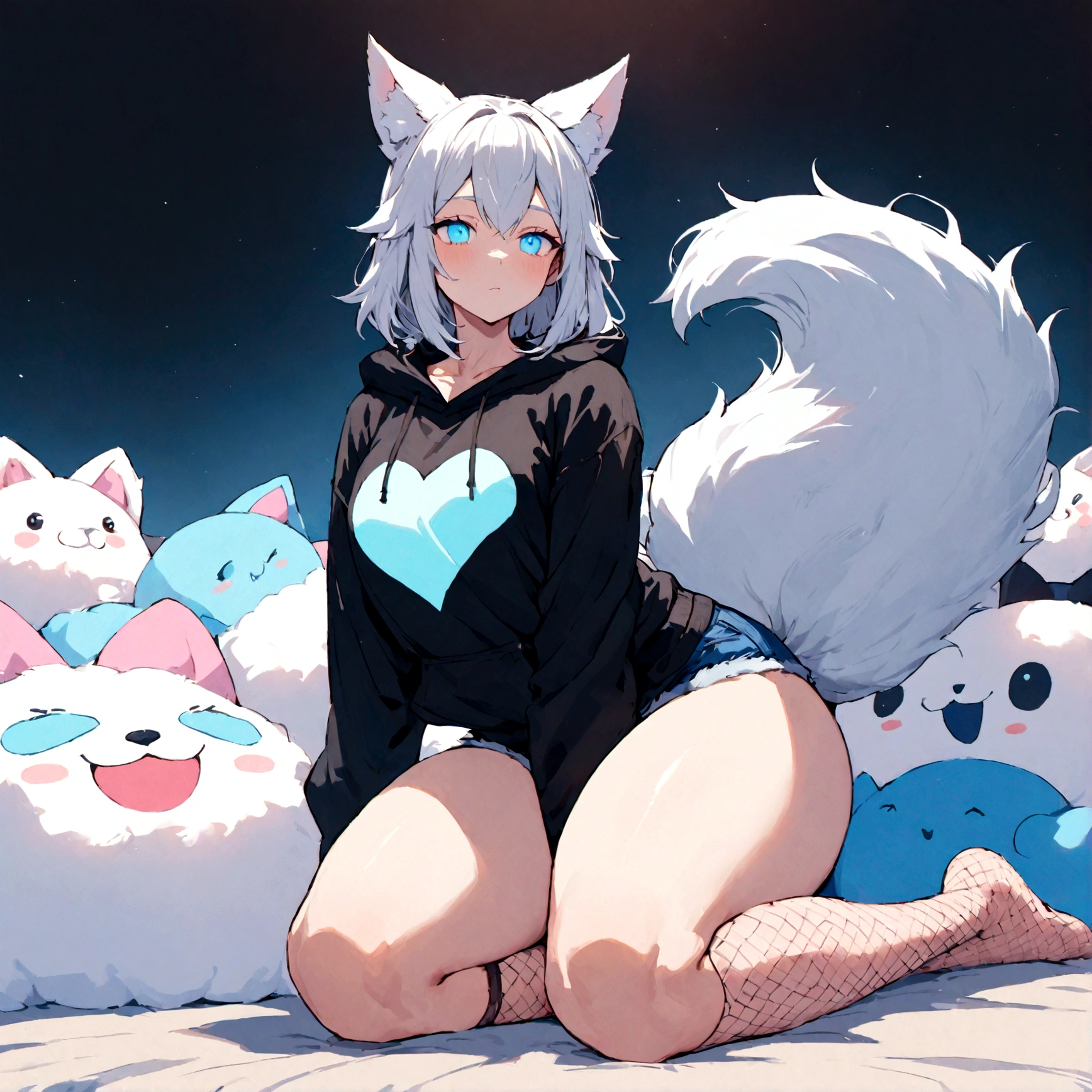 a cute adult male with wolf ears, white hair, has a wolf tail, wearing a loose cropped oversized black hoodie, wearing a pair of denim short shorts and fishnet stockings, thick thighs, wide hips, relaxing on mound of fluffy multi colored kawaii plushies, short, very slim, showing slender tummy, stretching out, heart on hoodie, squishy thighs, has glowing blue eyes. alone, solo (ALONE)(SOLO)