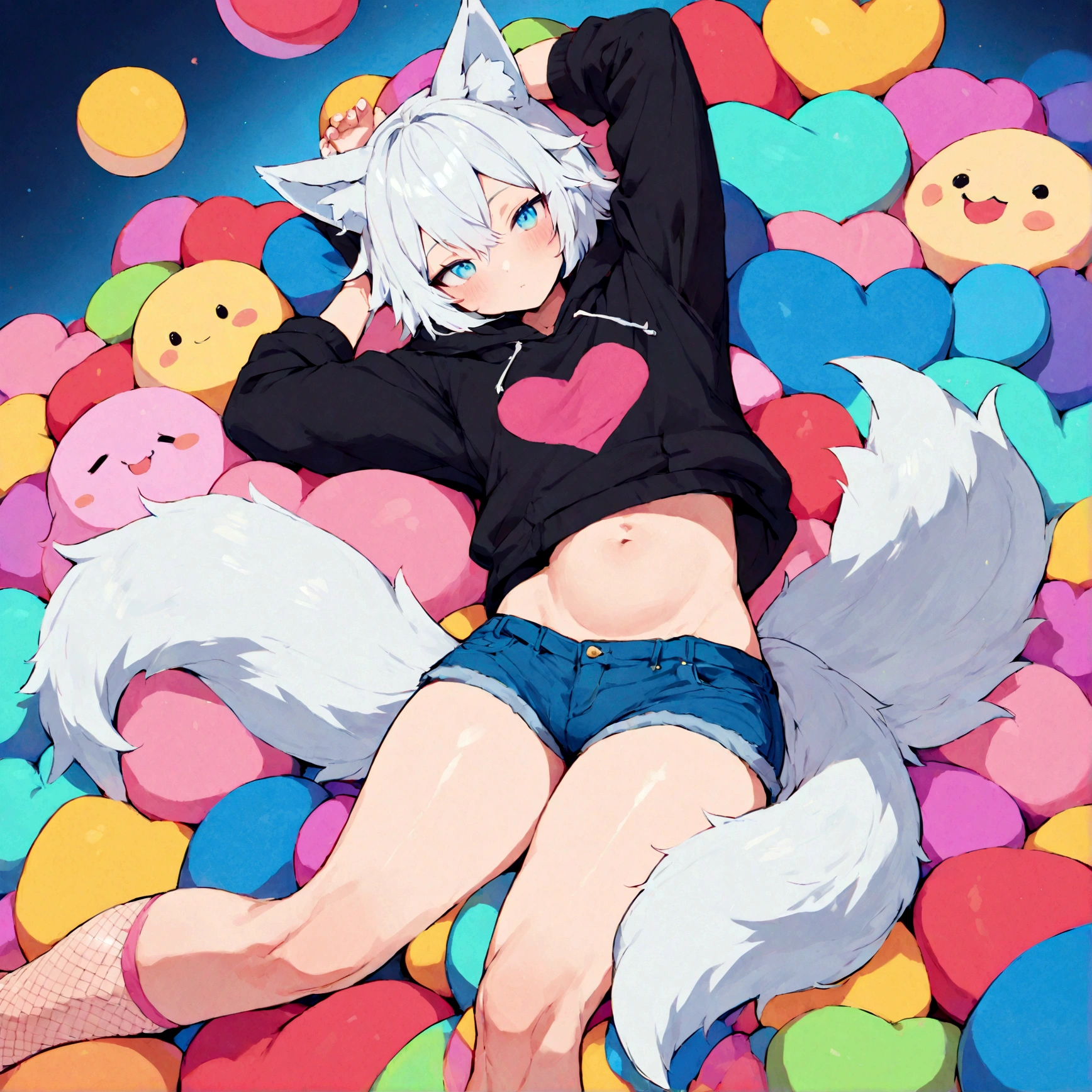 a cute adult male with wolf ears, white hair, has a wolf tail, wearing a loose cropped oversized black hoodie, wearing a pair of denim short shorts and fishnet stockings, thick thighs, wide hips, relaxing on mound of fluffy multi colored kawaii plushies, short, very slim, showing slender tummy, stretching out, heart on hoodie, squishy thighs, has glowing blue eyes. alone, solo (ALONE)(SOLO)