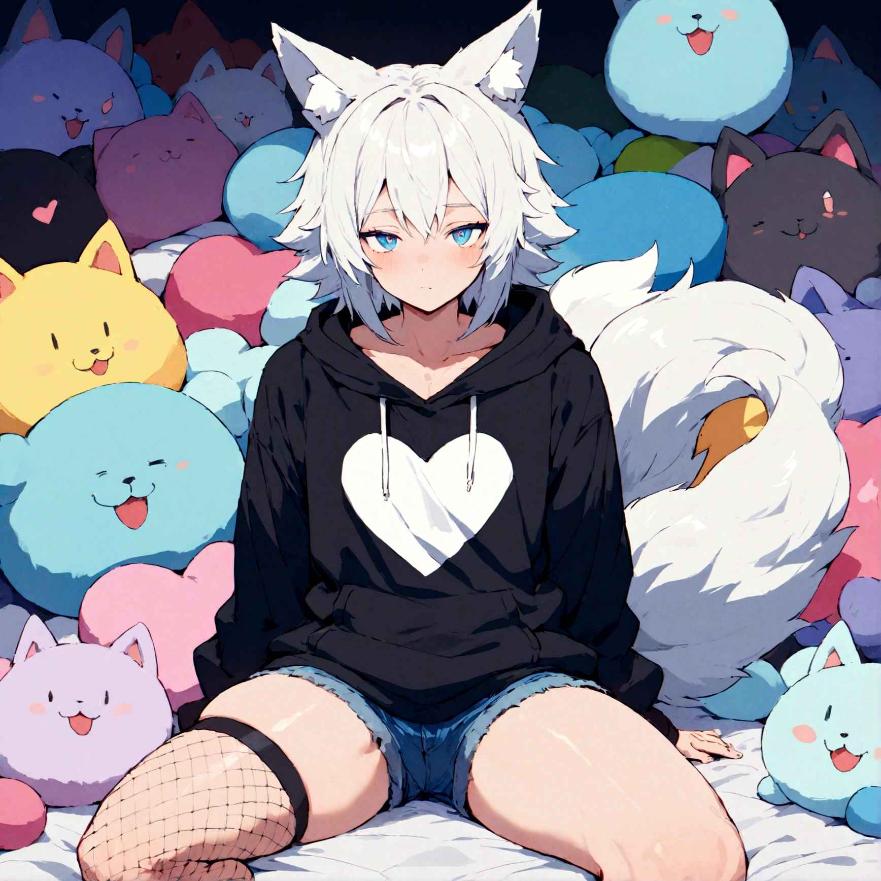 a cute adult male with wolf ears, white hair, has a wolf tail, wearing a loose cropped oversized black hoodie, wearing a pair of denim short shorts and fishnet stockings, thick thighs, wide hips, relaxing on mound of fluffy multi colored kawaii plushies, short, very slim, showing slender tummy, stretching out, heart on hoodie, squishy thighs, has glowing blue eyes. alone, solo (ALONE)(SOLO)
