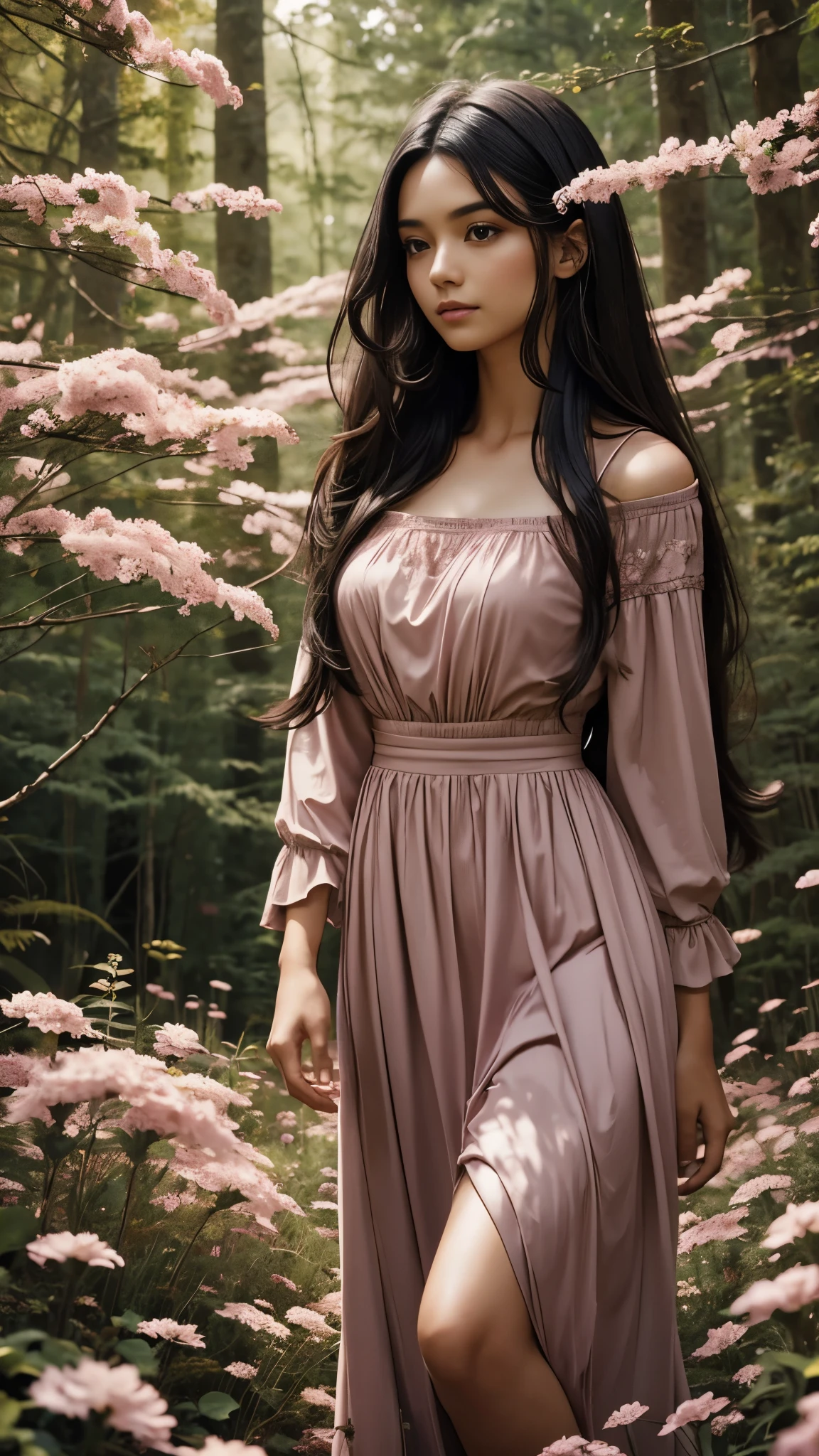Beautiful black-haired girl with brown and long hair in pink dress in a plain forest of flowers photo shoot