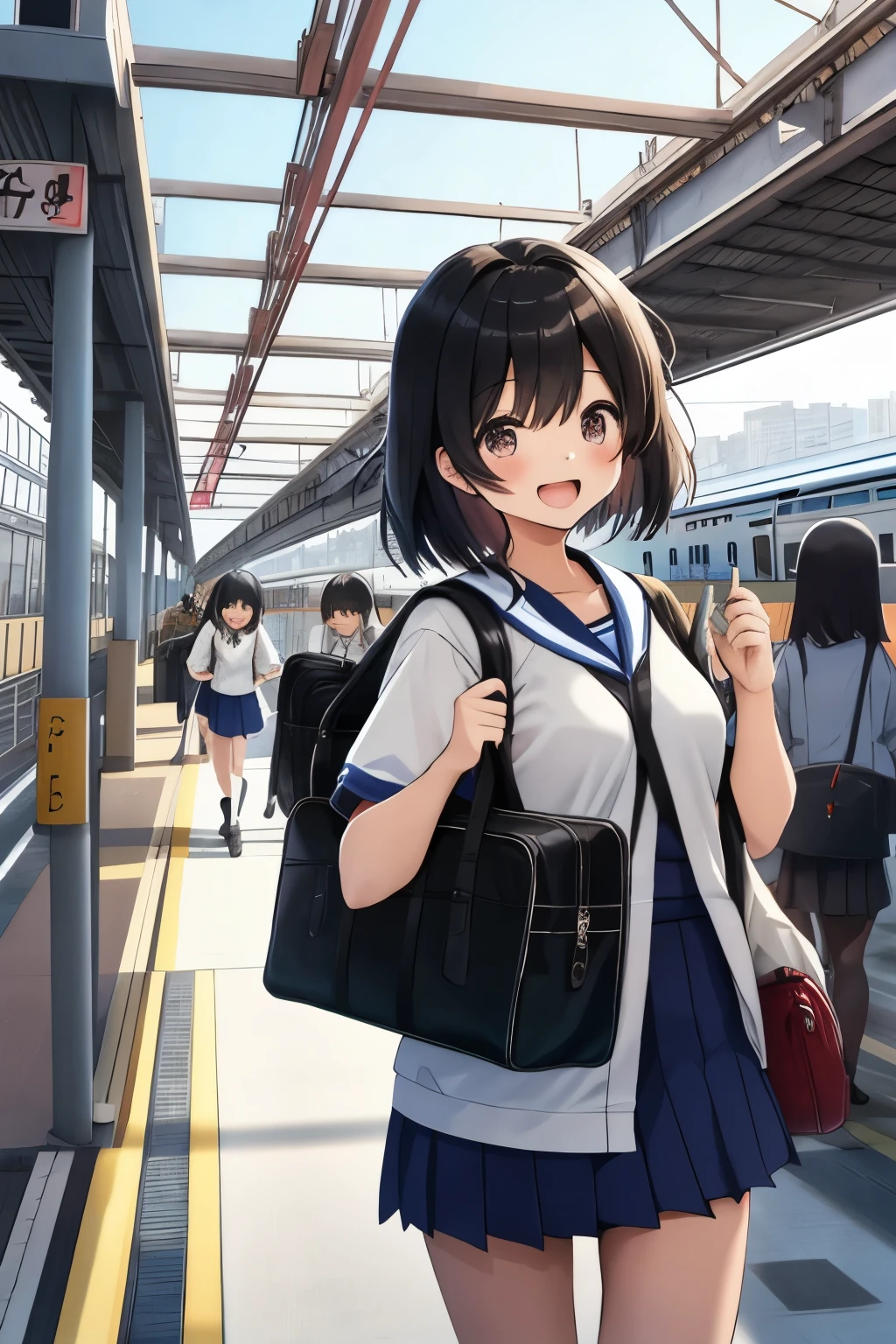 Japanese girl、Multiple girls、、14 years old、Black Hair、Dark Eyes、Big city station background、Ride the bullet train、White sailor suit uniform、Short sleeve、Navy blue mini skirt、Bring a travel bag、Laughing happily、Never to return　Carrying on memories of classmates　If we lean our shoulders together the bell will ring　Platform lalala... the train is going　The train travels all the way　Our young people come all the way　School trip, unfold the map　The town I dreamed of with my camera　I&#39;ll remember the photo I took　The train keeps going, la la la...　The train continues on its way　We are young and single-minded　School trip to the foggy port　The lakeside lodge is full of memories　If you shake my hand, I&#39;ll follow you　A flock of little birds, la la la... the train goes　The train is leaving. Goodbye.　Goodbye to our youth　School trip