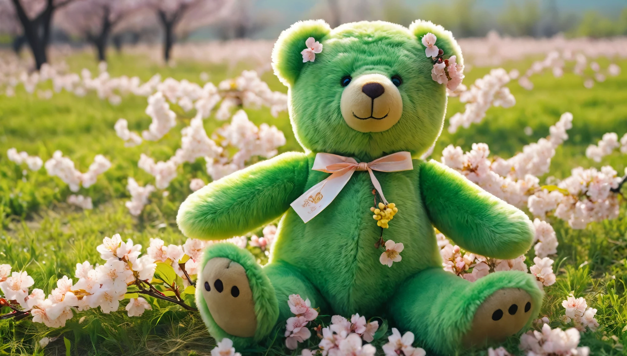 Under the rays of light，in the morning light，Under the rays of light，in the morning light，There is a green with yellow，Brown teddy bear，Wearing a label of Yang Xiaoying on the head, Humanoid creature covered with cherry blossoms,  There is a green with yellow，Brown teddy bear，Wearing a label of Yang Xiaoying on the head, Humanoid creature covered with cherry blossoms,  Run on the steppe，Run on the steppe，Oil painting photography，Oil painting photography，HD，8k，raw，Award-winning works of photography masters